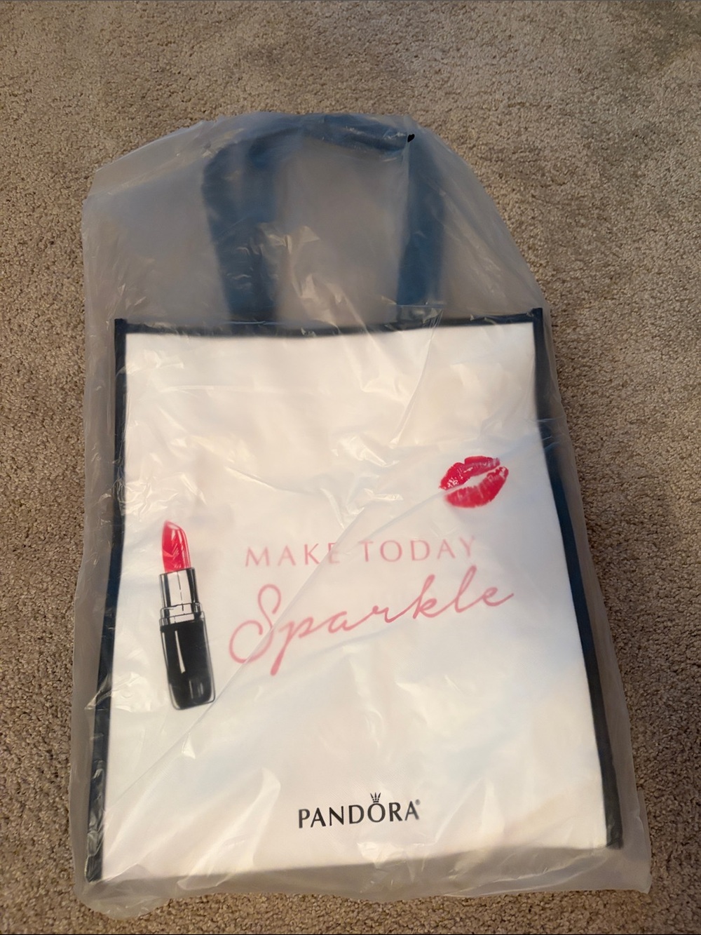 Pandora White Tote with Pink Lipstick Graphic and Black Trim